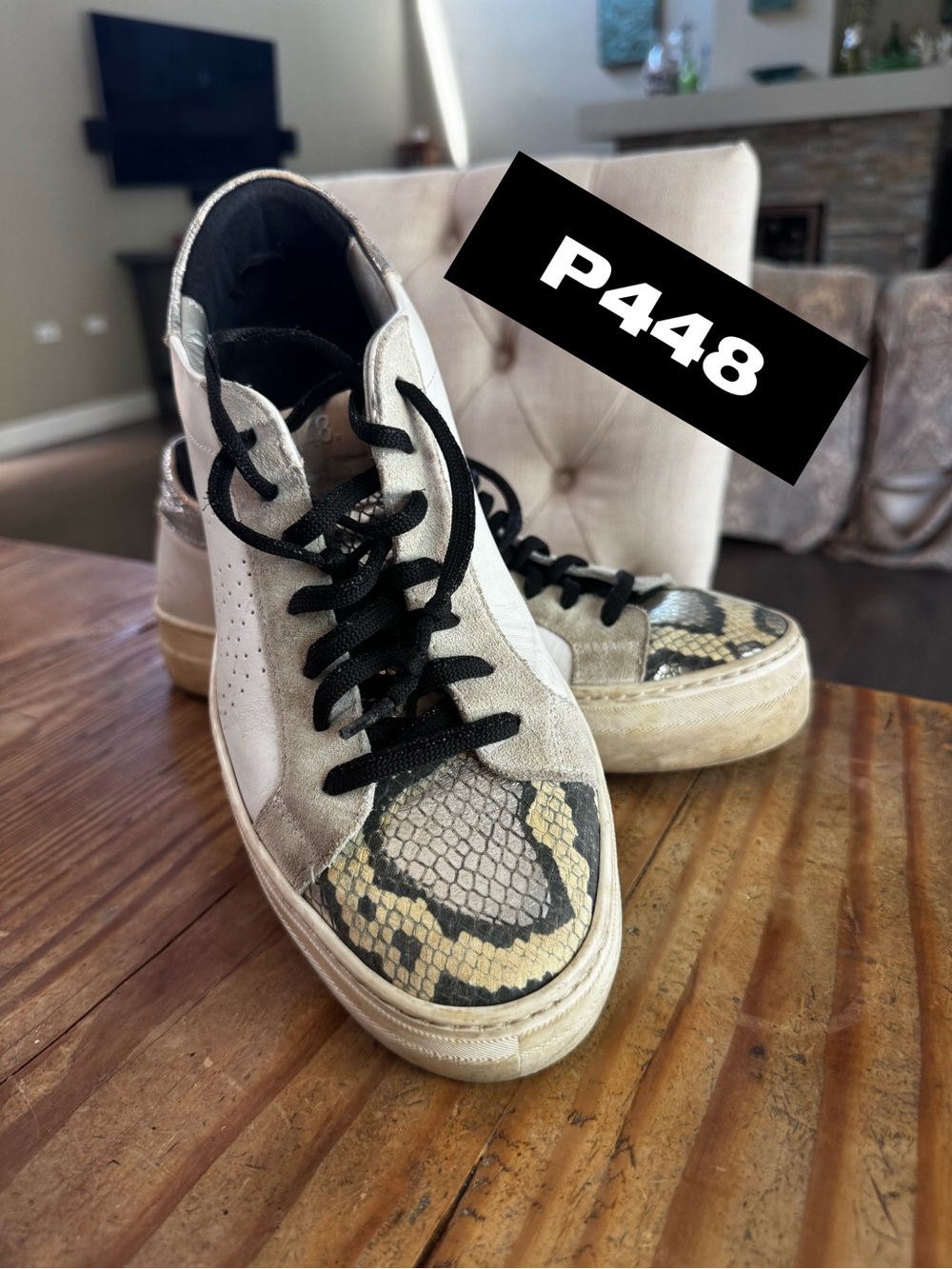 P448 White Leather High-Tops with Black Laces and Snake-Print Toe